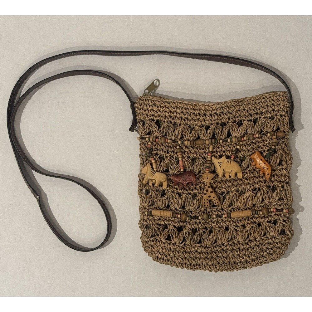St. Johns Bay Straworld Beaded Wooden Safari Animal Straw Crossbody Handbag Boho